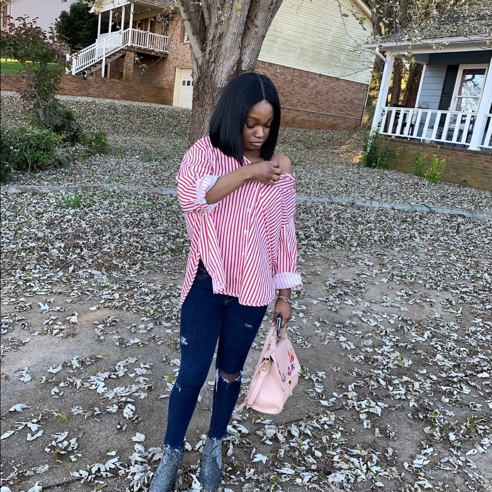 Red and white striped button down top